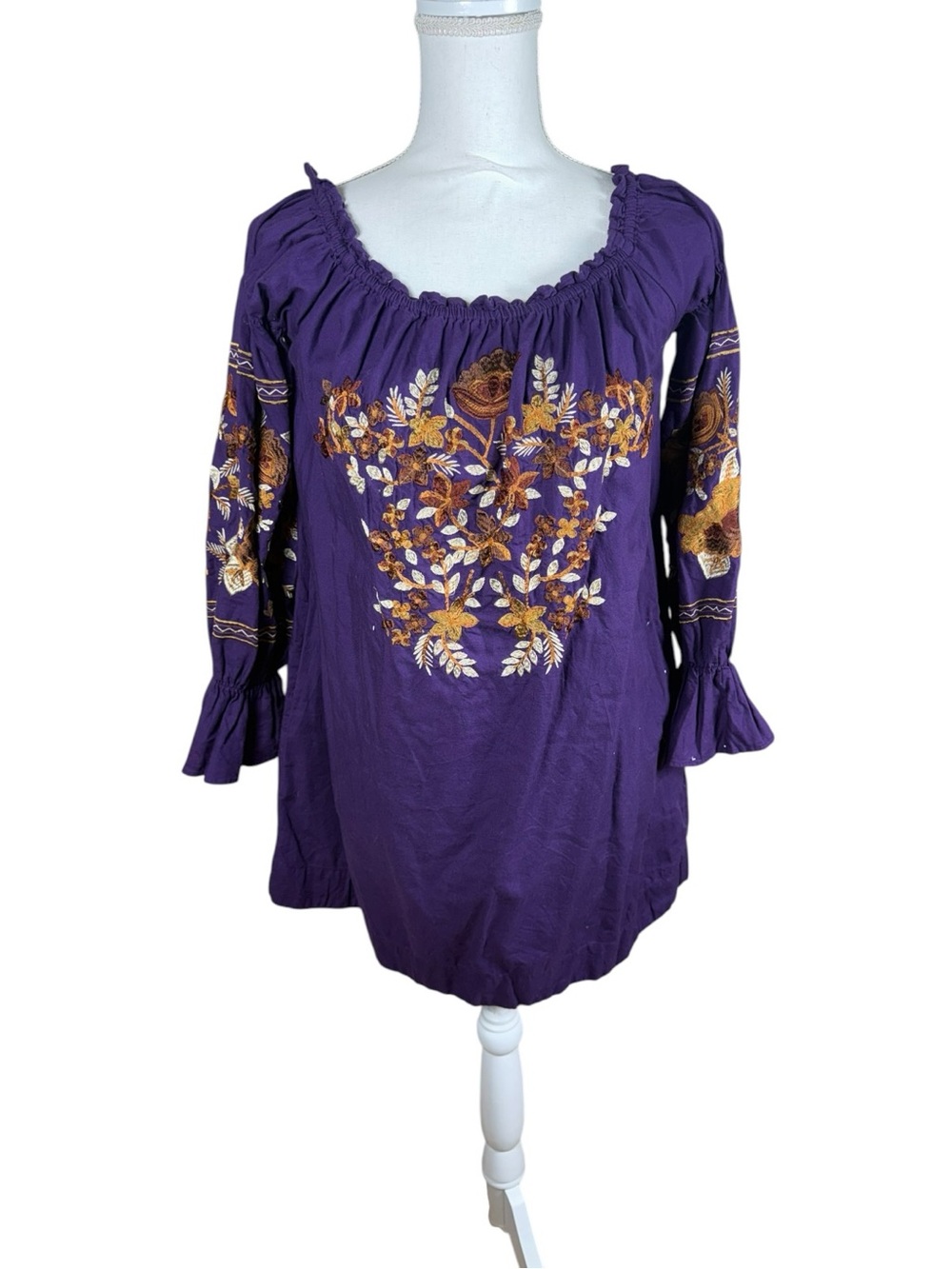 Free People Purple Floral Embroidered Peasant Tunic